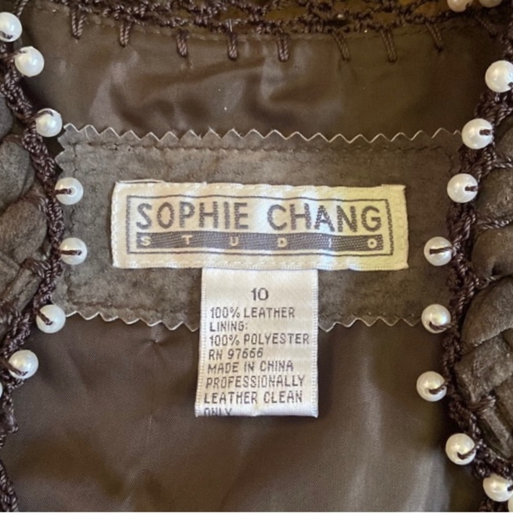 100% SUEDE SOPHIE CHANG Faux Pearl embellished lightweight jacket darkOlive Med - Picture 4 of 15